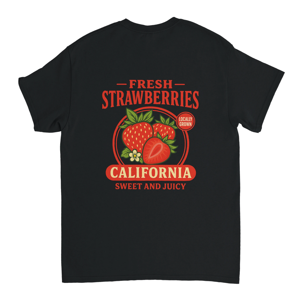 Fresh strawberries California fruit t-shirt with retro red design and sweet and juicy lettering, vintage-style illustration