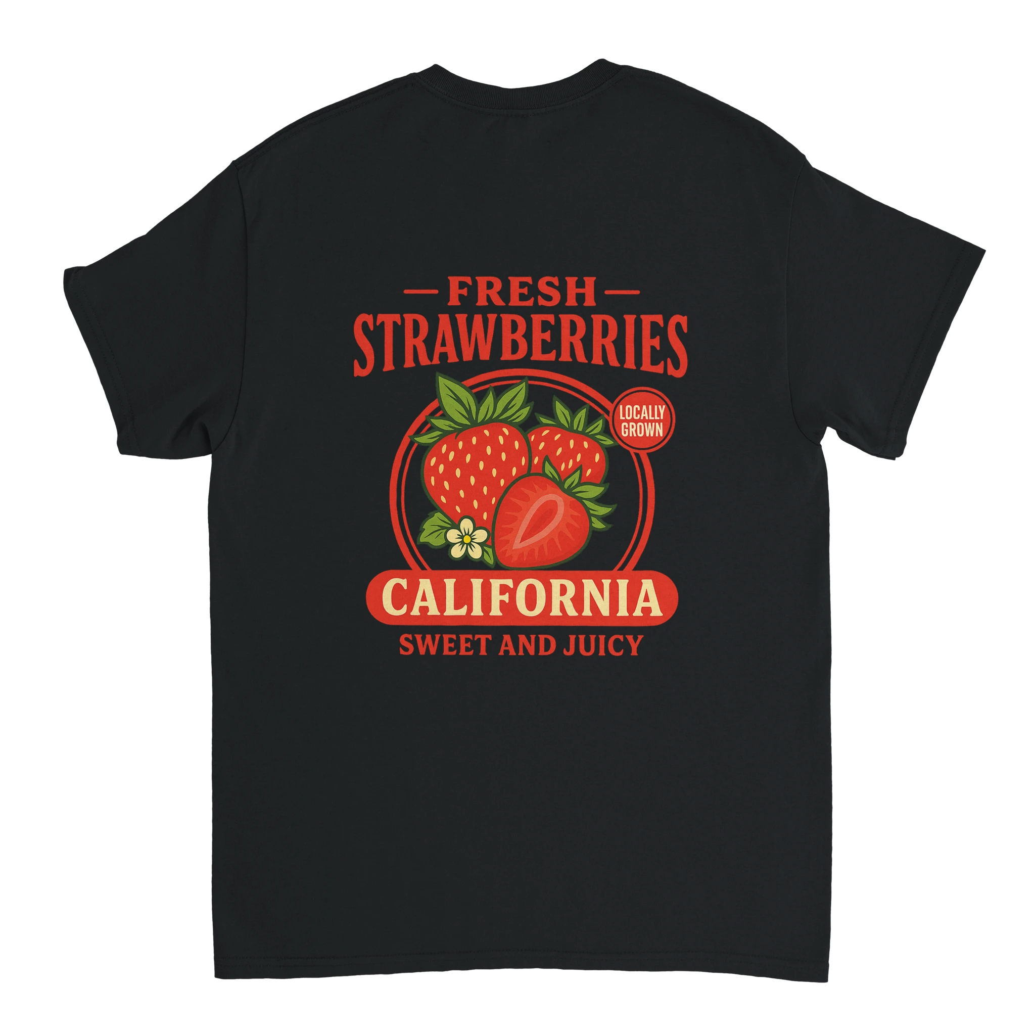 Fresh strawberries California fruit t-shirt with retro red design and sweet and juicy lettering, vintage-style illustration