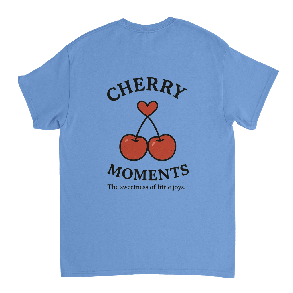 Cherry Moments fruit t-shirt featuring two red cherries with a heart stem, blue vintage tee celebrating the sweetness of little joys