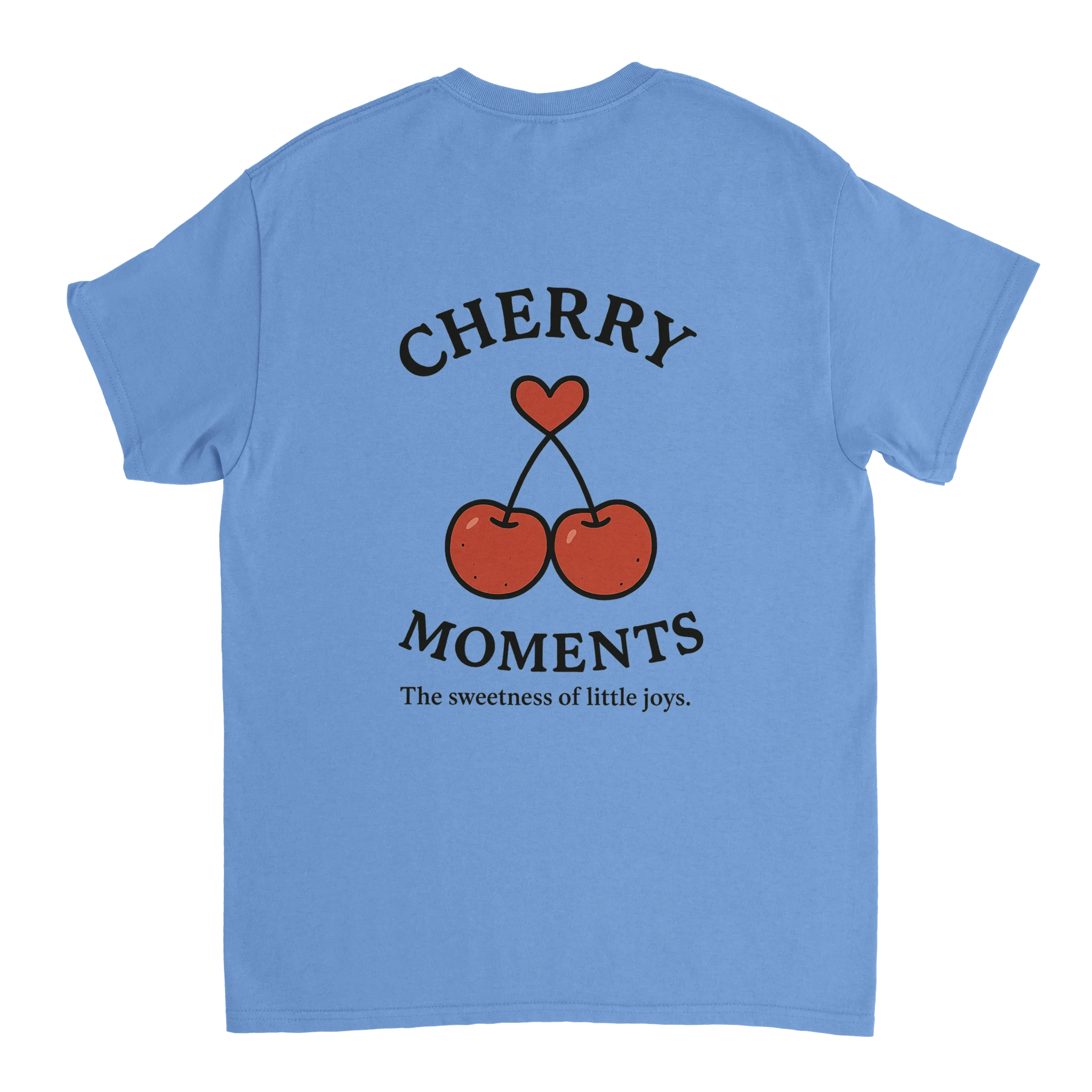 Cherry Moments fruit t-shirt featuring two red cherries with a heart stem, blue vintage tee celebrating the sweetness of little joys