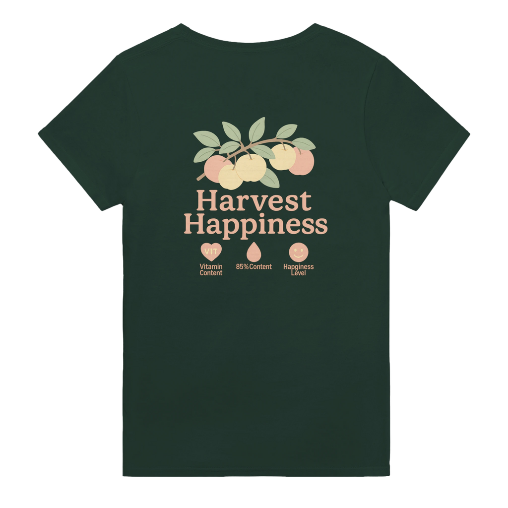 Harvest Happiness peach fruit t-shirt with pastel design and positive quote about happiness