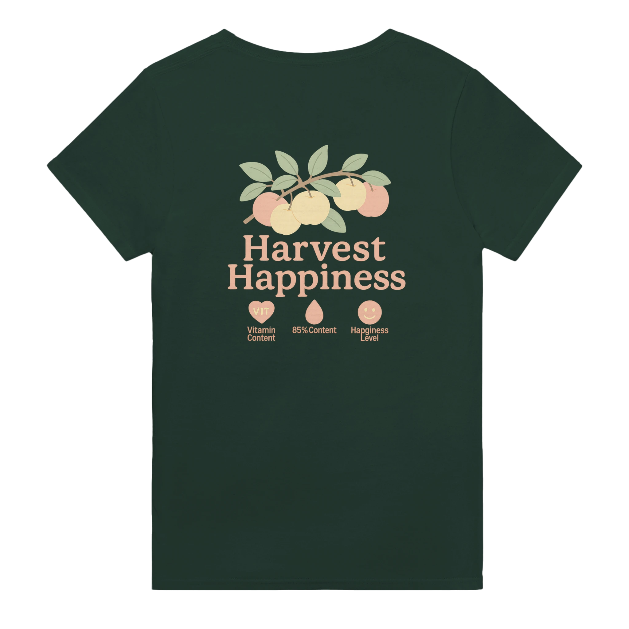 Harvest Happiness peach fruit t-shirt with pastel design and positive quote about happiness