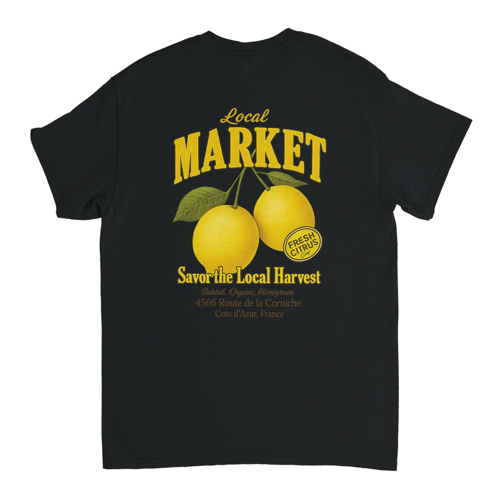 Vintage “Local Market” fruit lemon t-shirt design with two yellow lemons and the phrase “Savor the Local Harvest – Fresh Citrus – Côte d’Azur, France”