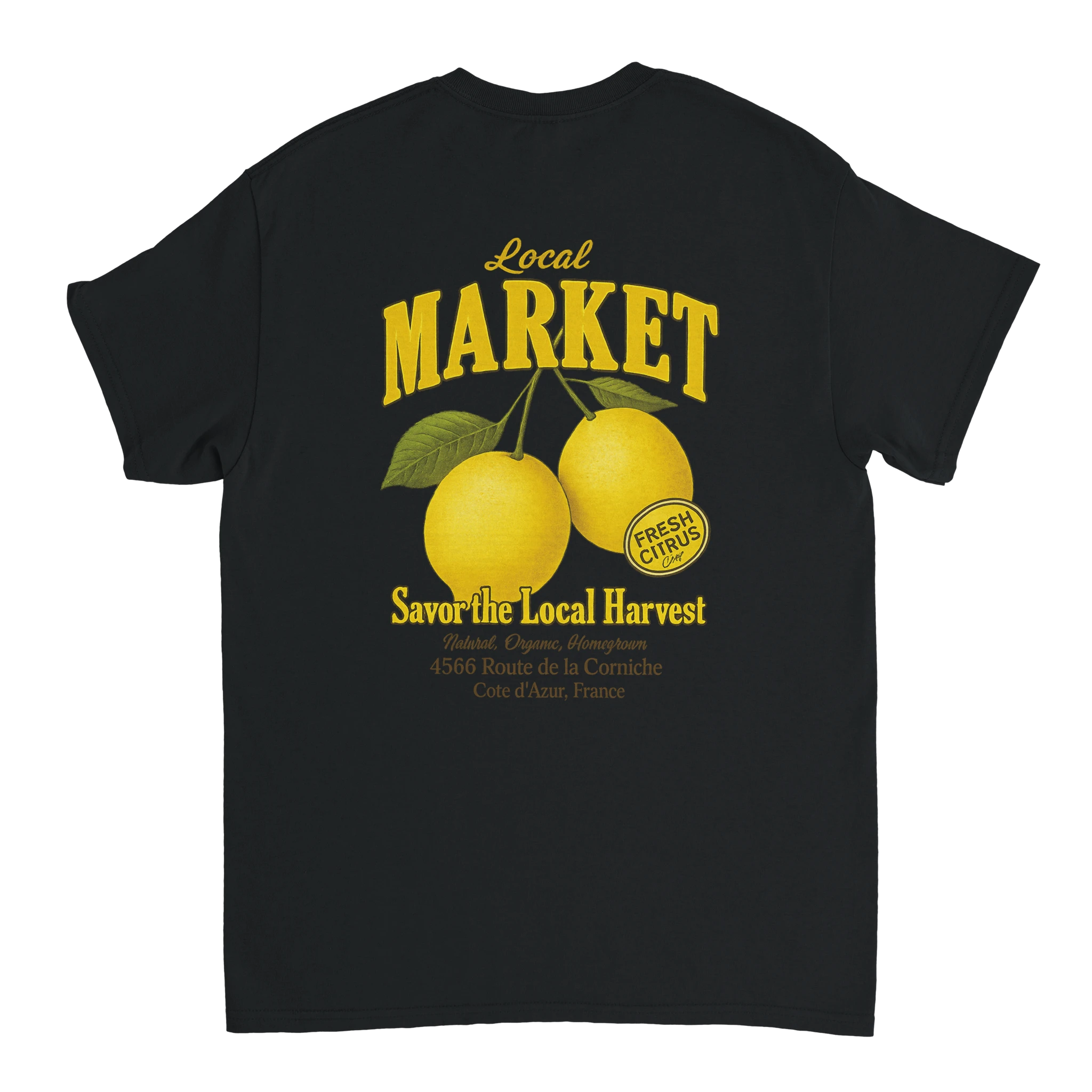 Vintage “Local Market” fruit lemon t-shirt design with two yellow lemons and the phrase “Savor the Local Harvest – Fresh Citrus – Côte d’Azur, France”