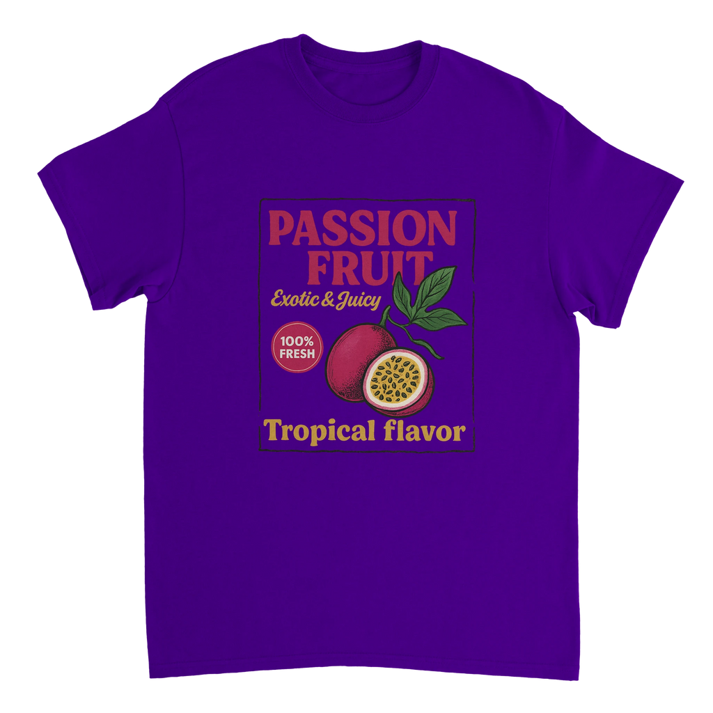Vintage tropical unisex T-shirt featuring a vibrant passion fruit illustration with the words “Exotic & Juicy,” 100% cotton, double-needle stitching, and taped shoulders for durability