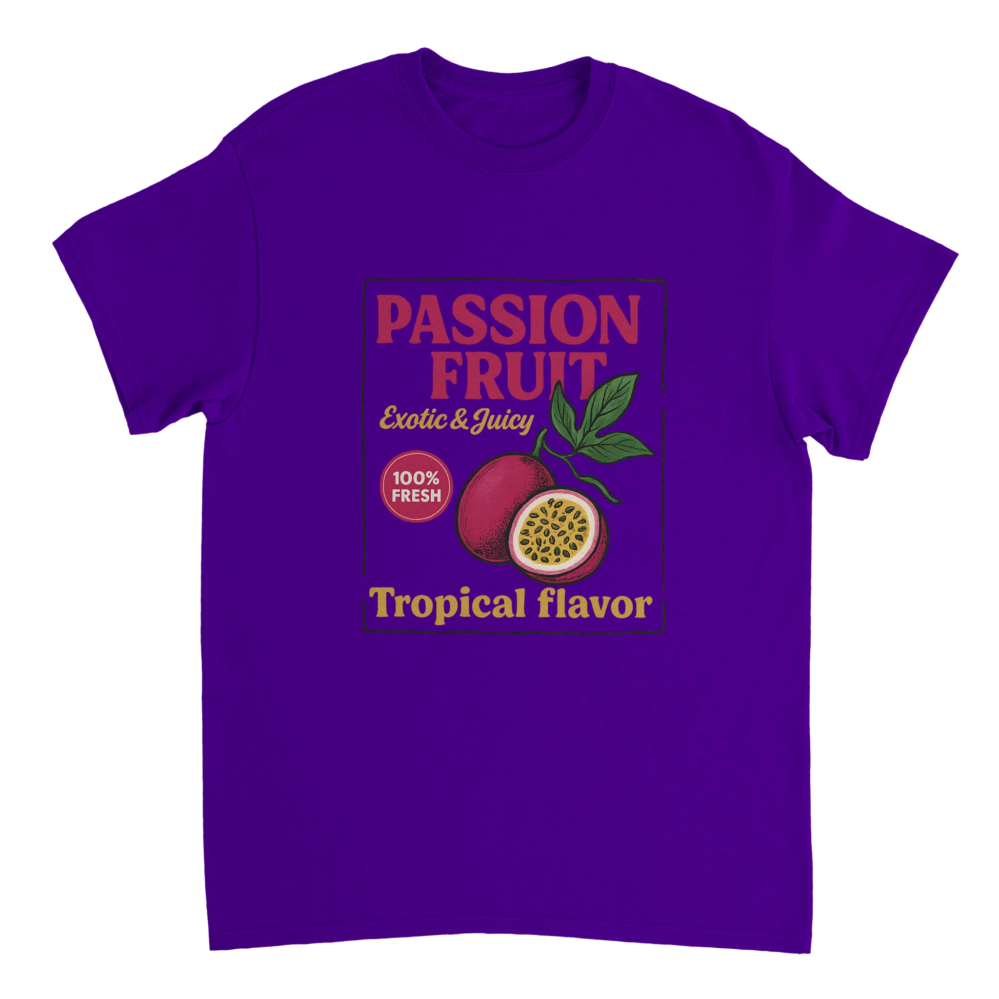 Vintage tropical unisex T-shirt featuring a vibrant passion fruit illustration with the words “Exotic & Juicy,” 100% cotton, double-needle stitching, and taped shoulders for durability