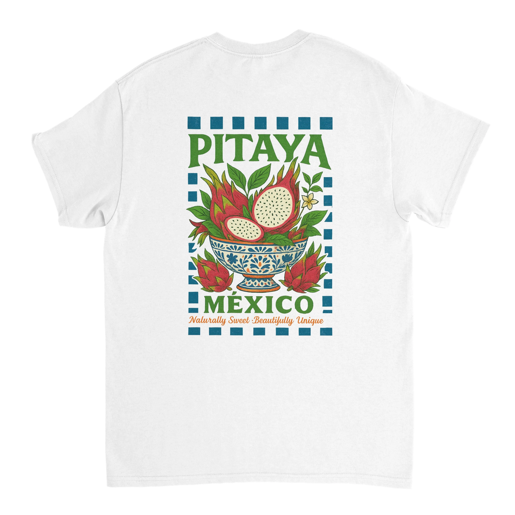 Pitaya Mexico fruit t-shirt featuring colorful dragon fruit illustration in a traditional Mexican bowl, vintage botanical design, naturally sweet and beautifully unique