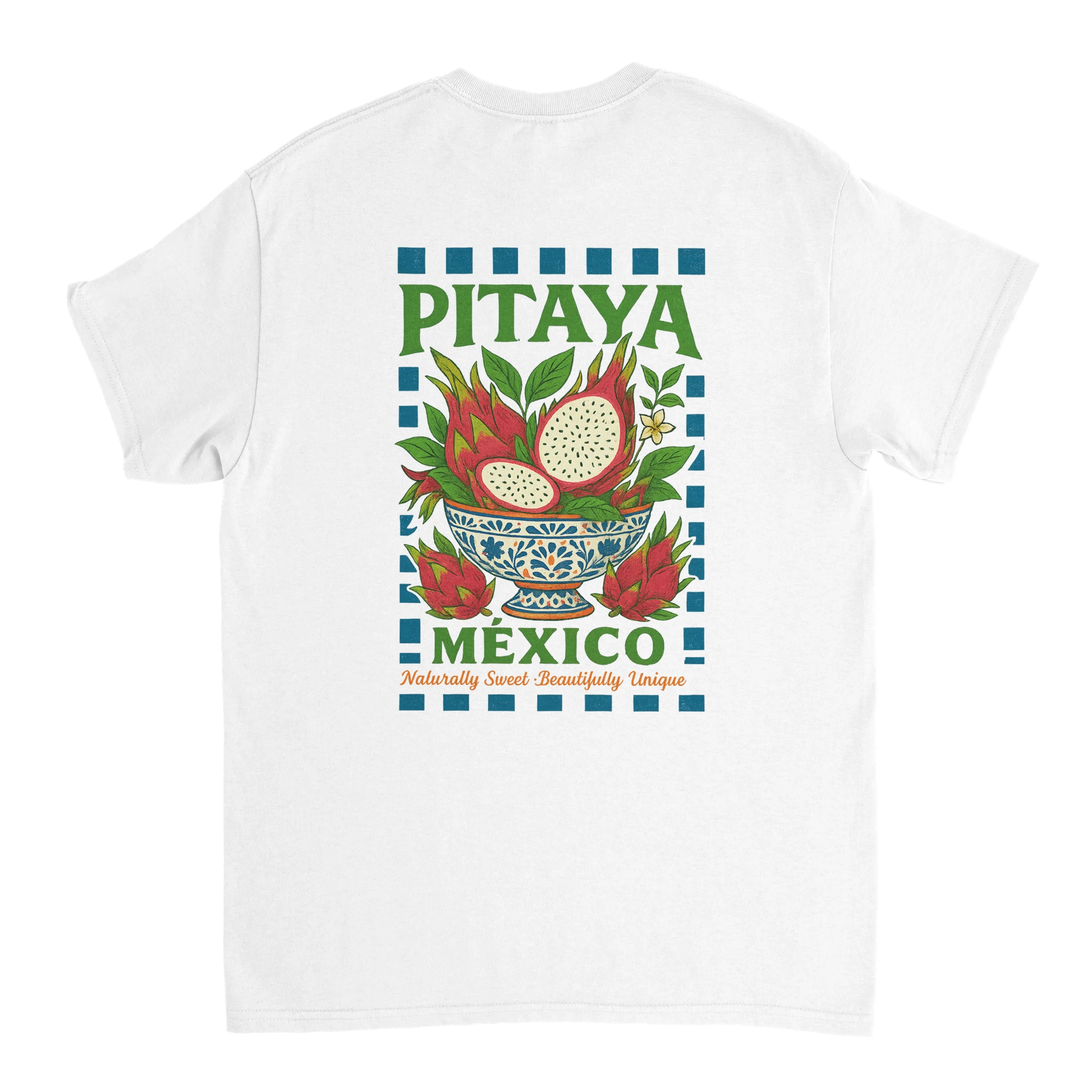 Pitaya Mexico fruit t-shirt featuring colorful dragon fruit illustration in a traditional Mexican bowl, vintage botanical design, naturally sweet and beautifully unique