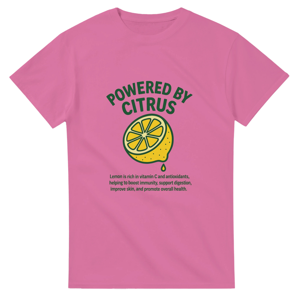 Powered by Citrus lemon fruit t-shirt featuring sliced lemon illustration and vitamin C message, pink vintage design promoting positive energy