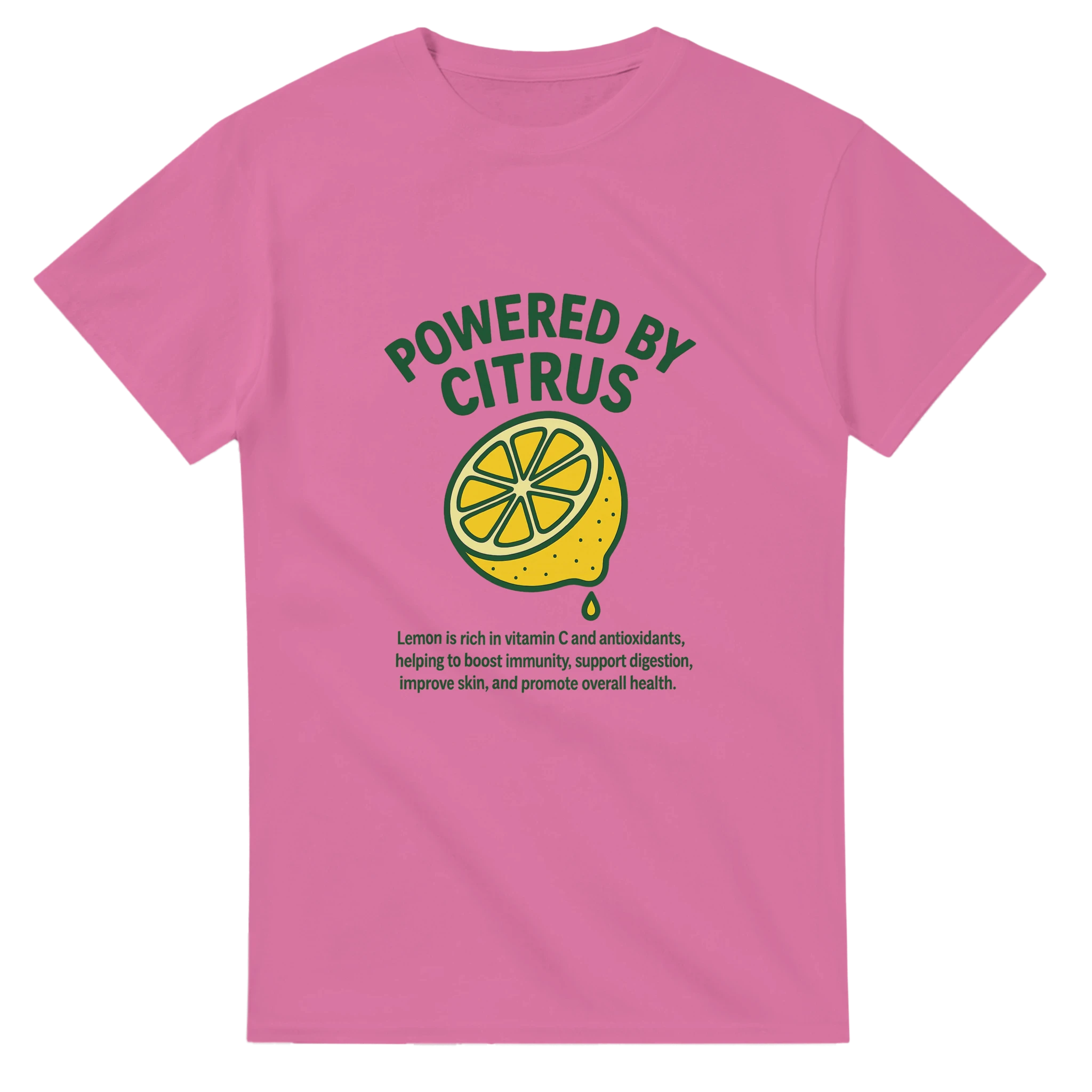 Powered by Citrus lemon fruit t-shirt featuring sliced lemon illustration and vitamin C message, pink vintage design promoting positive energy