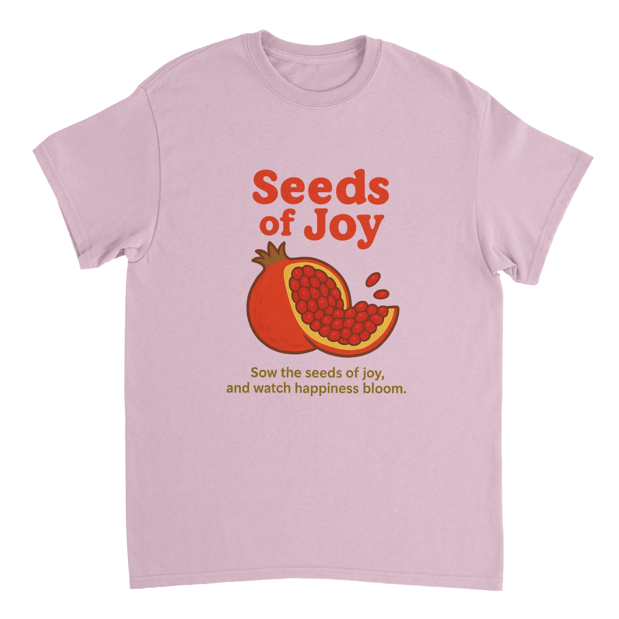 Seeds of Joy pomegranate fruit t-shirt featuring red pomegranate illustration and motivational quote, vintage positive design on pastel fabric