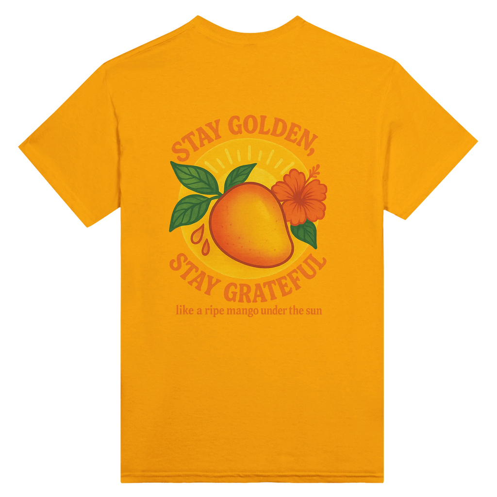 Stay Golden, Stay Grateful mango fruit t-shirt with tropical design, ripe mango illustration and summer vintage vibe