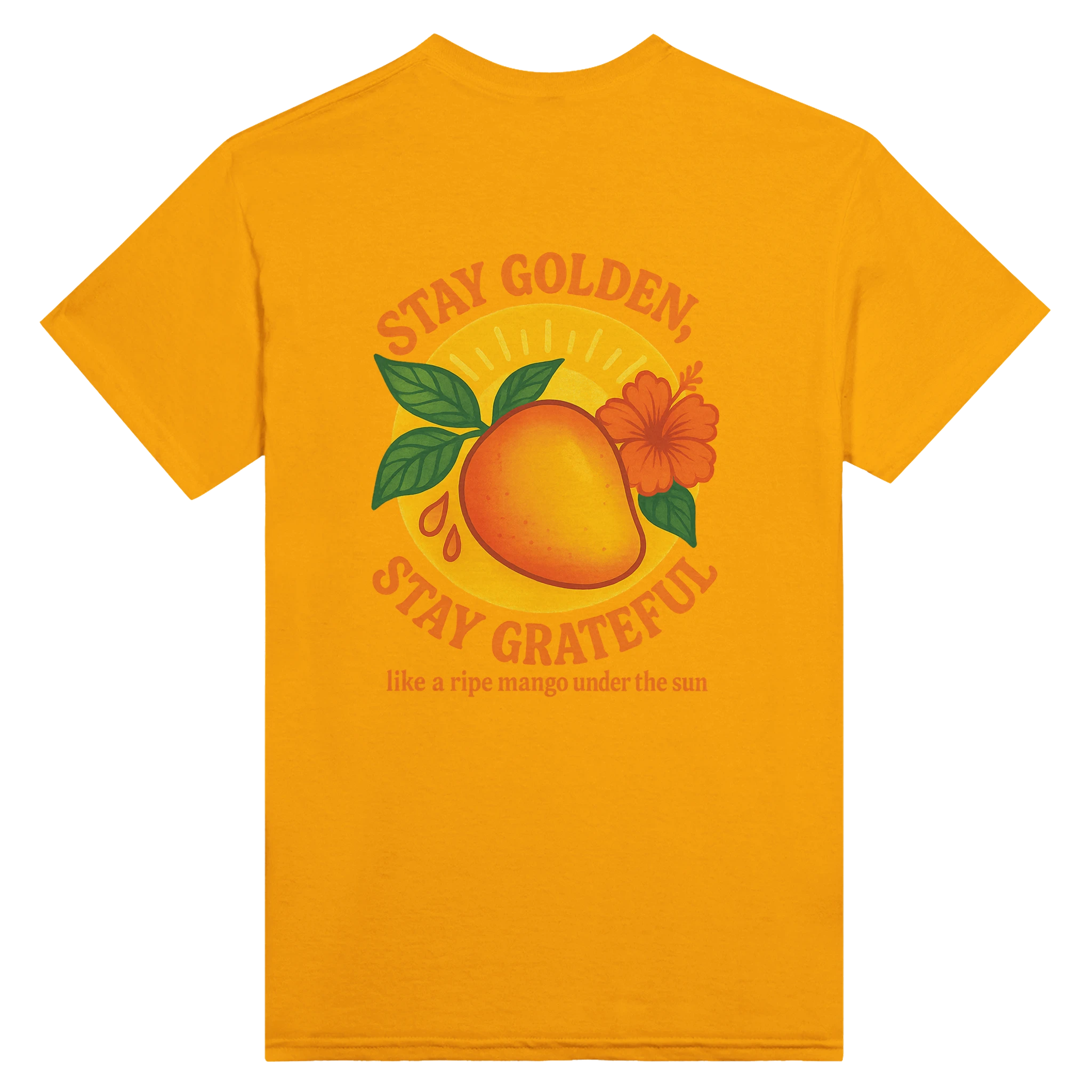 Stay Golden, Stay Grateful mango fruit t-shirt with tropical design, ripe mango illustration and summer vintage vibe
