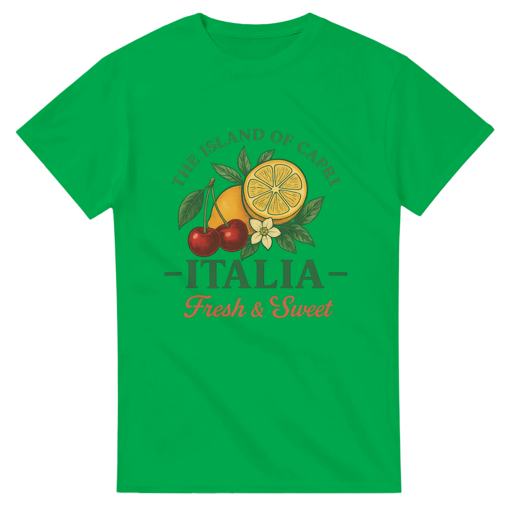 Vintage Italy fruit t-shirt featuring lemon and cherry illustration inspired by Capri, fresh and sweet retro design.