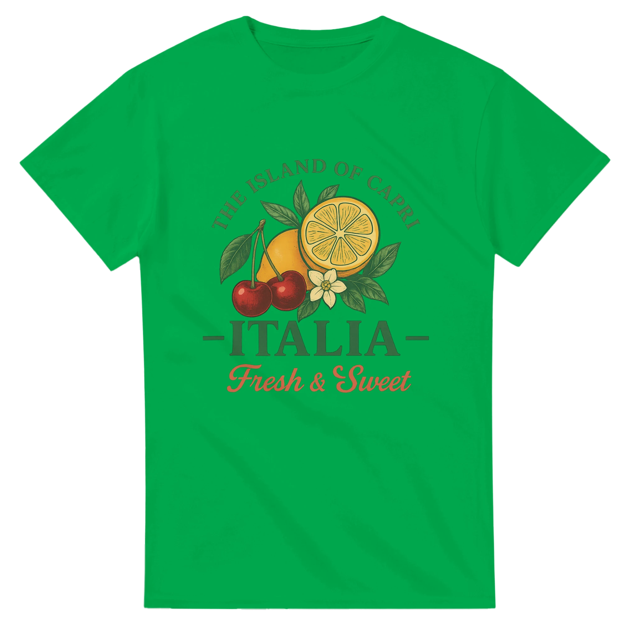 Vintage Italy fruit t-shirt featuring lemon and cherry illustration inspired by Capri, fresh and sweet retro design.